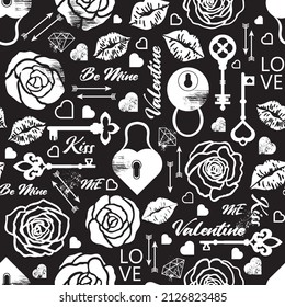 Vector seamless valentine day  love  romance pattern and hand  draw roses  lips  keys   lockers  Black   white colors  like hate   love together 