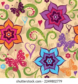 Vector seamless valentine floral pattern with vintage curls and flowers