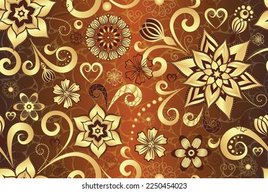 Vector seamless valentine floral pattern with gold vintage curls and flowers and hearts