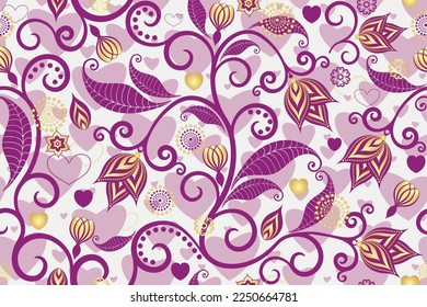 Vector seamless valentine floral pattern with vintage curls and flowers and hearts