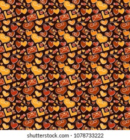 Vector seamless Valentine in love doodle hand drawn pattern. Seamless design with hearts, rose flower, letter, love text in yellow, brown and orange colors. Vector illustration.