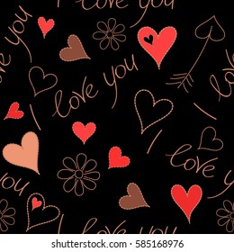 Vector seamless Valentine in love doodle hand drawn pattern. Seamless design with hearts and I love you text in orange, red and brown colors on a black background. Vector illustration.