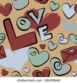 Vector seamless Valentine in love doodle hand drawn pattern. Seamless design with hearts, letter, love text in gray and red colors. Vector illustration.