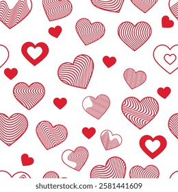 Vector seamless valentine red monochrome pattern of cute hearts with  wave lines on a transparent background. For textiles, wallpaper and packaging
