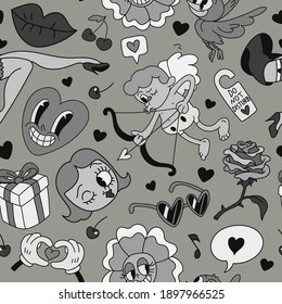 Vector seamless Valentines day pattern. Hand drawn texture in cartoon retro black and white doodle style.