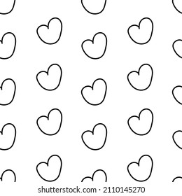 Vector seamless Valentine's Day pattern with black line on white background. Spring, botanical, floral, festive hand painted print.Design for wrapping paper, textiles, fabric, wallpaper, packaging.