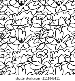 Vector seamless Valentine's Day pattern with black line on white background. Spring, botanical, floral, festive hand painted print.Design for wrapping paper, textiles, fabric, wallpaper, packaging.