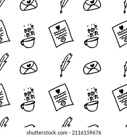 Vector seamless Valentine's Day pattern with black line on white background. Spring, botanical, floral, festive hand painted print.Design for wrapping paper, textiles, fabric, wallpaper, packaging.