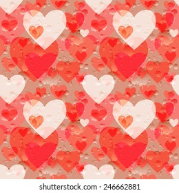 Vector seamless Valentine's Day pattern. Holiday background with repetitive hearts and water drops. Cute colorful wedding wallpaper. Eps10 vector seamless backdrop.