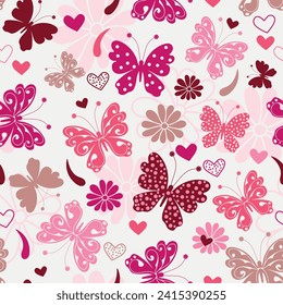 Vector seamless valentines pattern with pink hearts and dotty butterflies and flowers in doodle style on a white background	
