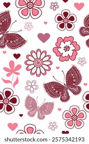 Vector seamless valentines patterns with hearts, flowers and butterflies  on a transparent background. For textiles, wallpaper and packaging.