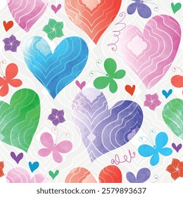 Vector seamless valentines patterns with watercolor hearts, flowers and butterflies on a white background. For textiles, wallpaper and packaging.