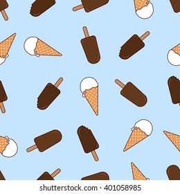 Vector seamless vanilla ice-cream pattern. Cartoon retro vanilla and chocolate ice cream pattern. Ice cream on blue background.