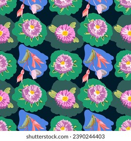 Vector seamless variegated floral hand drawn pattern for textile design on dark background