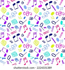 Vector seamless various bright color hand-drawn pattern with swirls, stripes, musical notes and treble clef. Grunge music theme minimalistic backdrop.