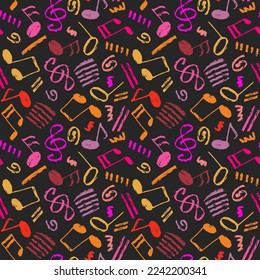 Vector seamless various bright color hand-drawn pattern with swirls, stripes, musical notes and treble clef. Grunge music theme dark minimalistic backdrop.