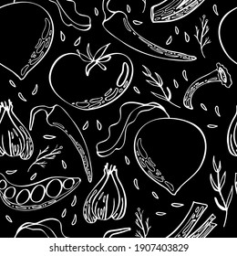 Vector Seamless Vegan Vegetable Pattern With Seeds And Herbs