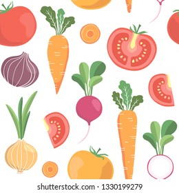 vector seamless vegetable pattern with tomatoes, radish, onion, carrot