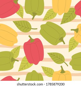 Vector seamless vegetables pattern with cute yellow, red and green peppers, paprika with green leaves. Vegetarian, vitamins. Hand drawn flat illustration on strips background