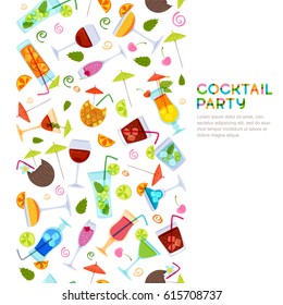 Vector seamless vertical background with cocktails, juice, wine glasses. Hand drawn illustration. Beverages on white background. Design for party invitation, bar menu, alcohol drinks, wine list.