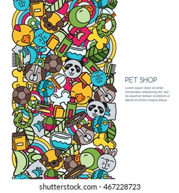 Vector seamless vertical background with flat pets icons. Goods for animals. Design for pet shop, pets care, grooming or veterinary. Banner or poster background.