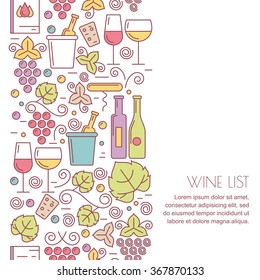 Vector seamless vertical background with linear wine bottle, glass, grape vine, leaf icons. Food and drink pattern. Design concept for wine list, bar or restaurant menu, natural alcohol drinks.
