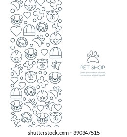 Vector Seamless Vertical Background With Outline Icons Of Cat, Bird, Snake And Dog. Banner Or Flyer Design Template With Copyspace. Trendy Concept For Pet Shop, Pets Care And Grooming, Veterinary. 