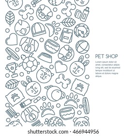 Vector seamless vertical background with outline pets icons. Goods for animals. Design for pet shop, pets care, grooming or veterinary. Line dog, cat, parrot, rabbit illustrations.