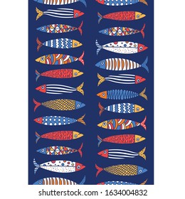 Vector seamless vertical border with fish. Cute sardines.