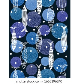 Vector seamless vertical border with fish. Cute sardines.