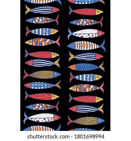 Vector seamless vertical border with fish. Cute sardines.