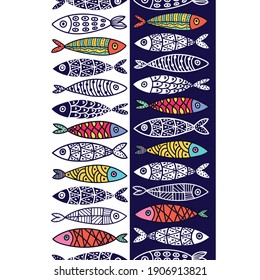 Vector seamless vertical border with fish. Cute sardines.