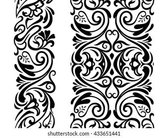 Vector seamless vertical borders. Vintage floral ornament. Zen tangle style. Hand drown illustration. Black-white pattern.