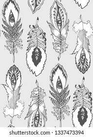 vector seamless vertical pattern of bizarre feathers on a gray background 