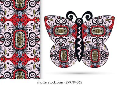 Vector seamless vertical pattern with Decorative ornate butterfly, hand drawn texture for invitation or card design.