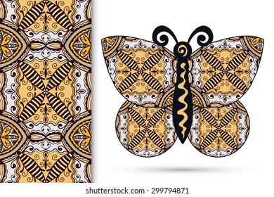 Vector seamless vertical pattern with Decorative ornate butterfly, hand drawn texture for invitation or card design.