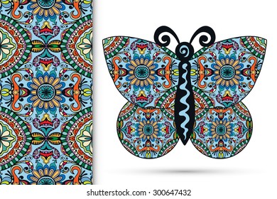 Vector seamless vertical pattern with Decorative ornate butterfly, hand drawn texture for invitation or card design.