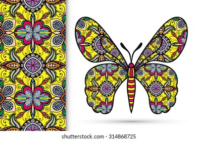 Vector seamless vertical pattern with Decorative ornate butterfly, hand drawn texture for invitation or card design.