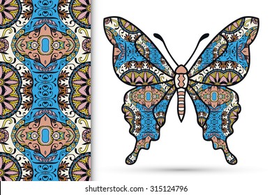 Vector seamless vertical pattern with Decorative ornate butterfly, hand drawn texture for invitation or card design.