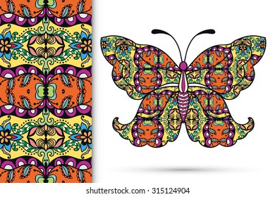 Vector seamless vertical pattern with Decorative ornate butterfly, hand drawn texture for invitation or card design.
