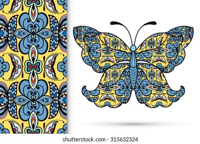 Vector seamless vertical pattern with Decorative ornate butterfly, hand drawn texture for invitation or card design.