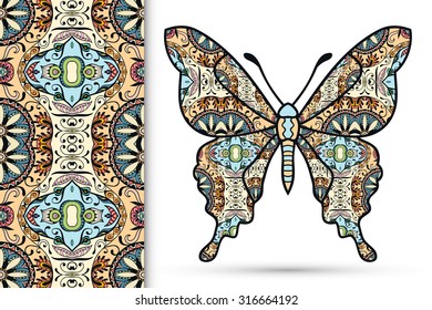 Vector seamless vertical pattern with Decorative ornate butterfly, hand drawn texture for invitation or card design.