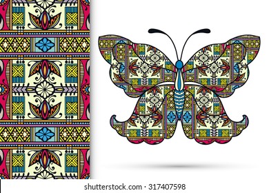 Vector seamless vertical pattern with Decorative ornate butterfly, hand drawn texture for invitation or card design.