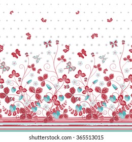 Vector seamless vertical pattern with Decorative strawberry and butterfly pink blue ornament on white background, hand drawn texture for clothes, bedclothes, invitation, card design etc.