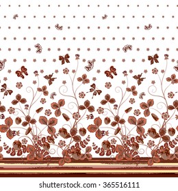 Vector seamless vertical pattern with Decorative pink brown strawberry and butterfly ornament on white background, hand drawn texture for clothes, bedclothes, invitation, card design etc.