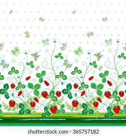 Vector seamless vertical pattern with Decorative red green strawberry and butterfly ornament on white background, hand drawn texture for clothes, bedclothes, invitation, card design etc.