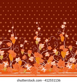 Vector seamless vertical pattern with Decorative orange grape, leaf and flowers ornament on brown background, hand drawn texture for clothes, bedclothes, invitation, card design etc.