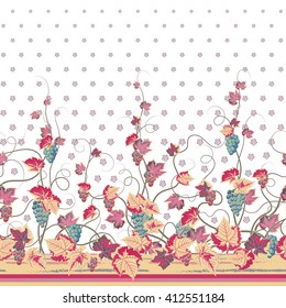 Vector seamless vertical pattern with Decorative pastel grape, leaf and flowers ornament on white background, hand drawn texture for clothes, bedclothes, invitation, card design etc.