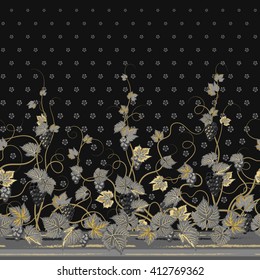 Vector seamless vertical pattern with Decorative gold gray grape, leaf and flowers ornament on black background, hand drawn texture for clothes, bedclothes, invitation, card design etc.