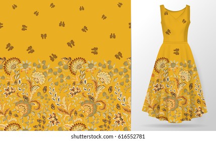 Vector seamless vertical pattern with Decorative yellow orange flowers and butterfly ornament on pastel green background, hand drawn texture for clothes, bedclothes, invitation, card design etc.